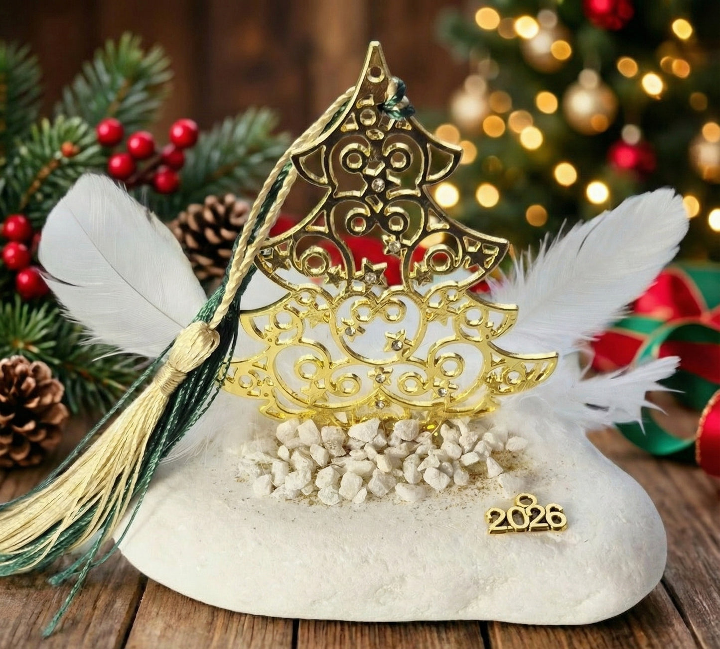 Γούρι Χριστουγεννιάτικο Δέντρο Χρυσό με Βάση Λευκό βότσαλο Θάσου  2026