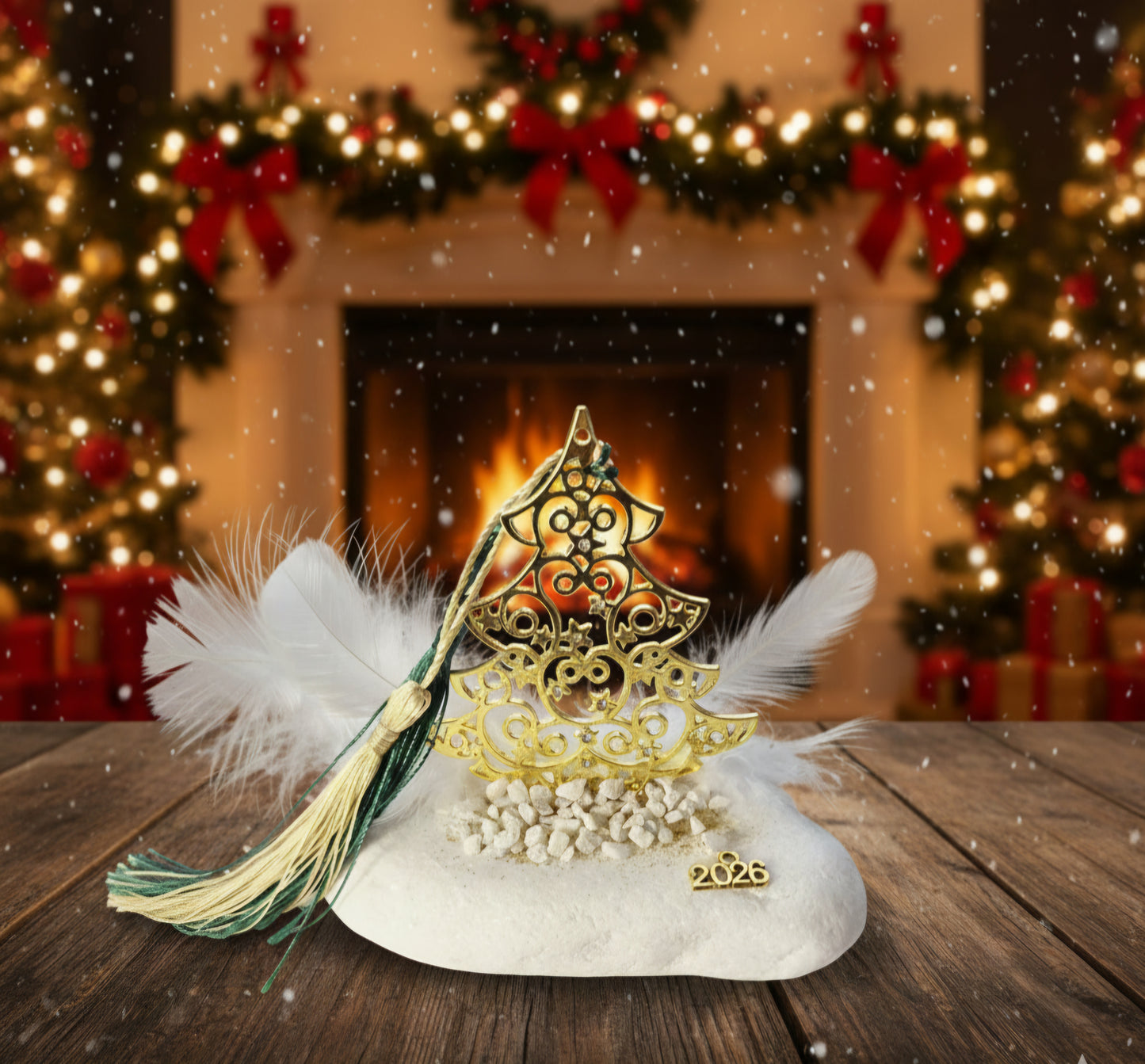 Γούρι Χριστουγεννιάτικο Δέντρο Χρυσό με Βάση Λευκό βότσαλο Θάσου  2026