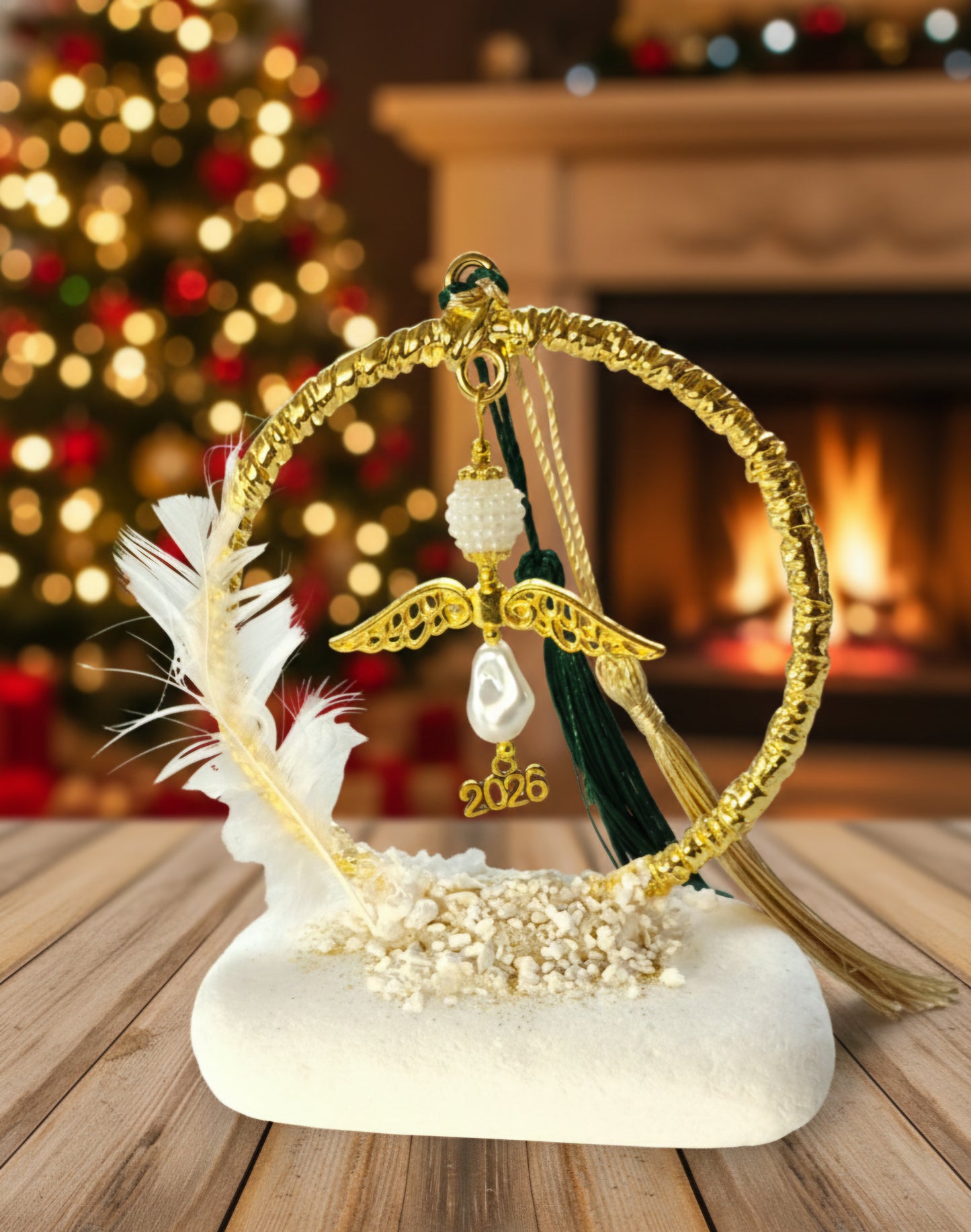 Χριστουγεννιάτικο Γούρι 2026, Χρυσός Κύκλος με Αγγελάκι σε Λευκό βότσαλο Θάσου