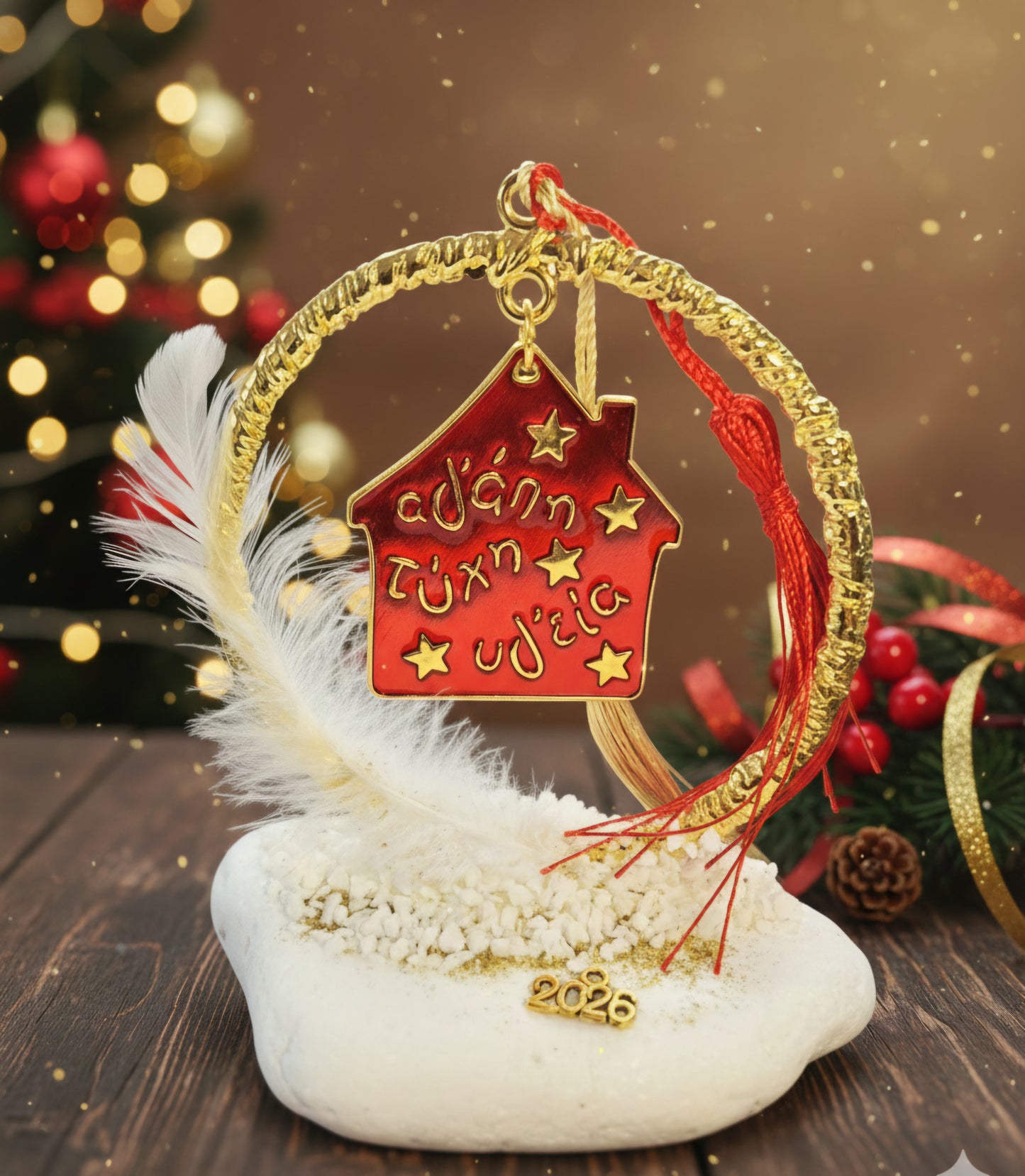 Χριστουγεννιάτικο Γούρι σπιτάκι “Αγάπη, Τύχη, Υγεία” σε βάση από λευκό βότσαλο Θάσου 2026