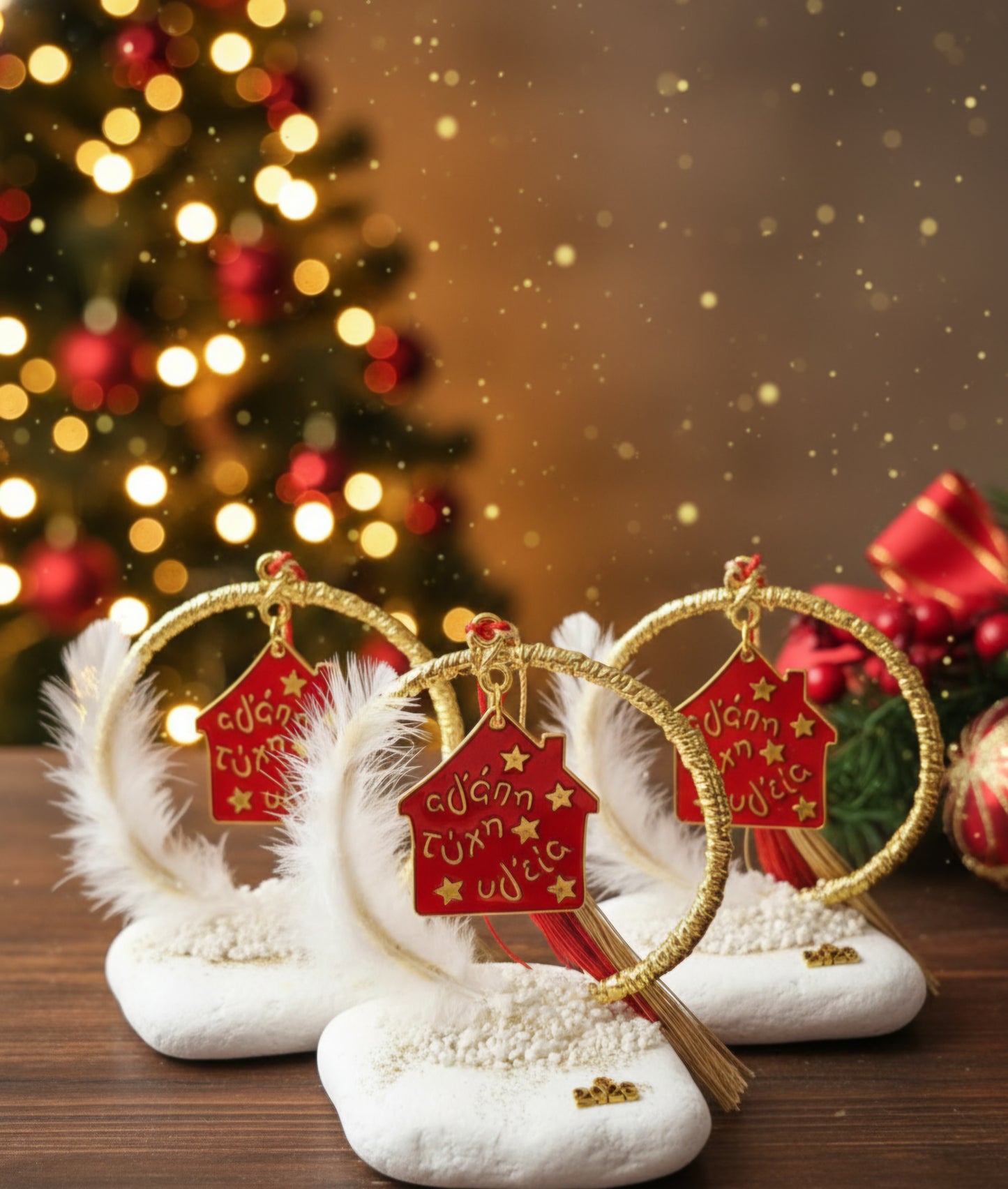 Χριστουγεννιάτικο Γούρι σπιτάκι “Αγάπη, Τύχη, Υγεία” σε βάση από λευκό βότσαλο Θάσου 2026