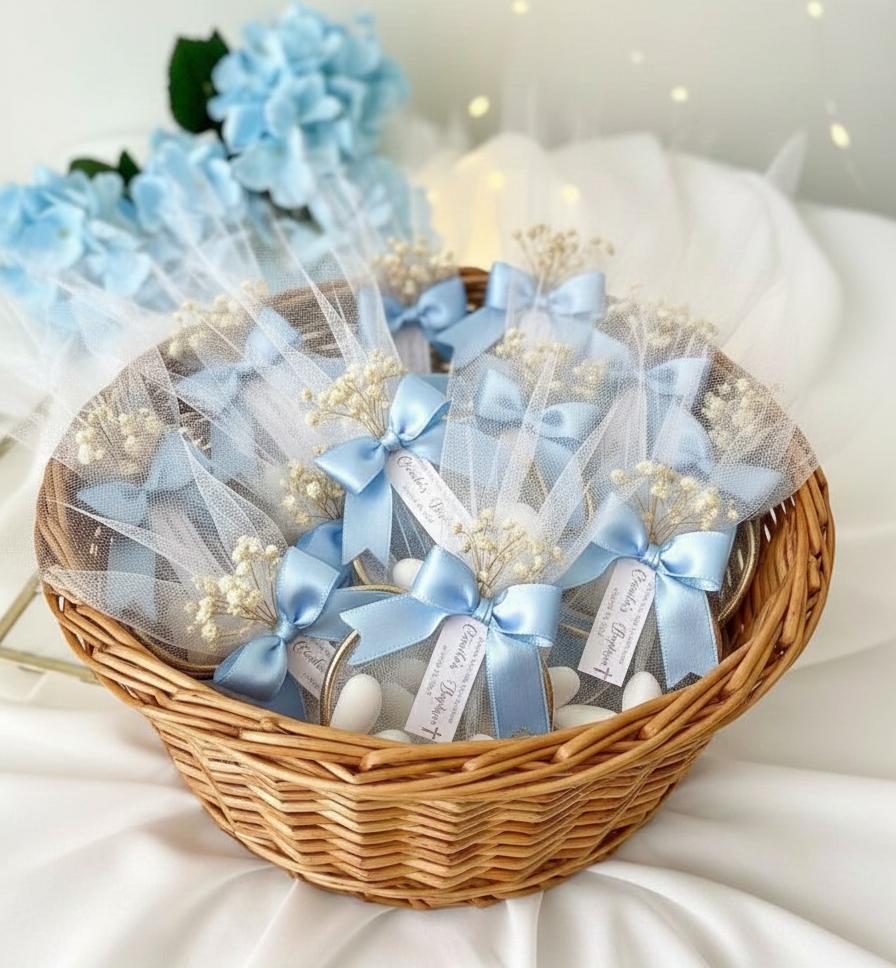 Μπομπονιέρα βάπτισης Κύκλος Χρυσός με κουφέτα και γυψόφιλο