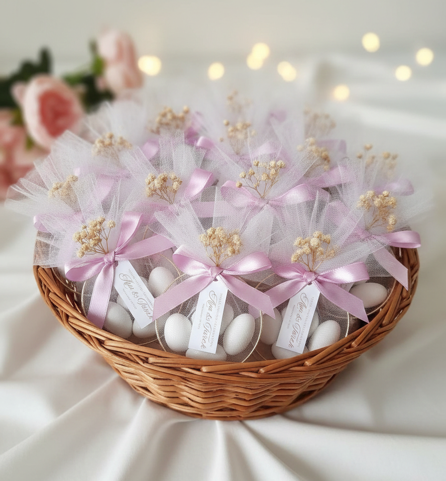 Μπομπονιέρα βάπτισης Κύκλος Χρυσός με κουφέτα και γυψόφιλο