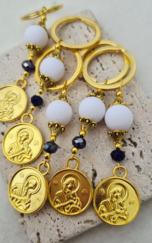 vintage μαρτυρικά βάπτισης με εικόνα Παναγίας λευκές και μαύρες πέρλες και χρυσές λεπτομέριες