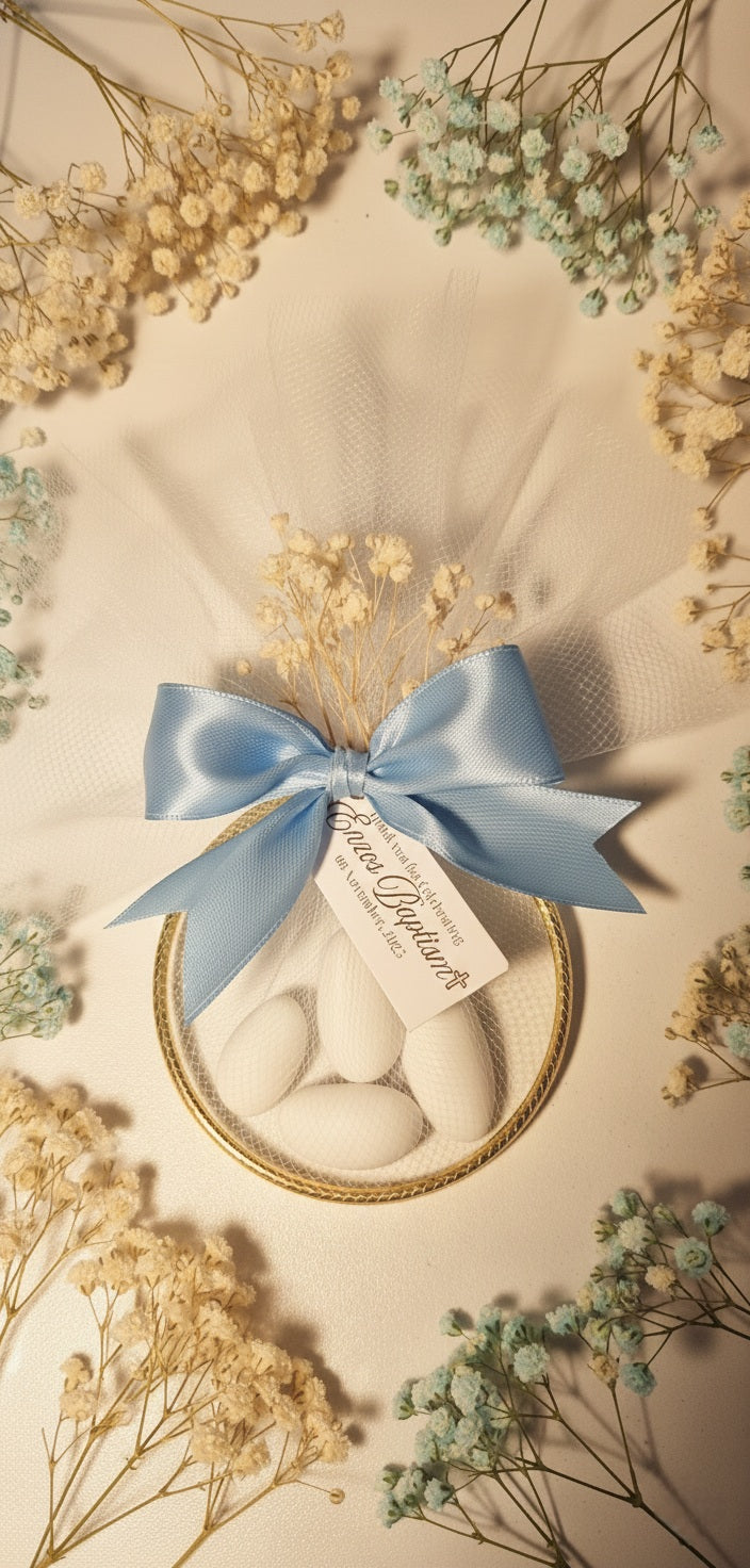 Μπομπονιερα βαπτισης Κύκλος Χρυσός με κουφετα και γυψόφιλο