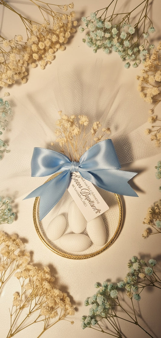 Μπομπονιερα βαπτισης Κύκλος Χρυσός με κουφετα και γυψόφιλο